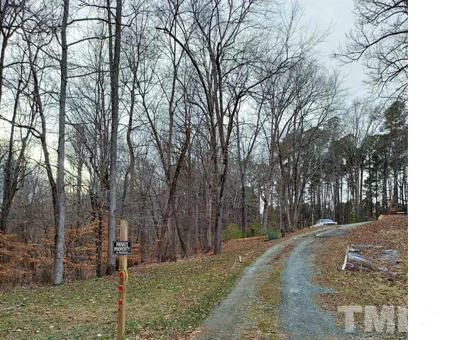 a view of a yard with trees on both side of it