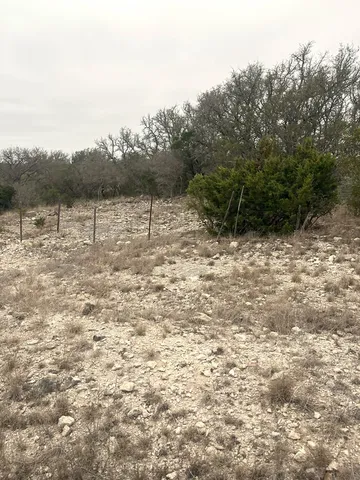 a view of a dry yard with mountains in the background