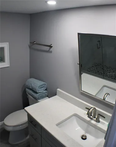 a bathroom with a shower and a toilet