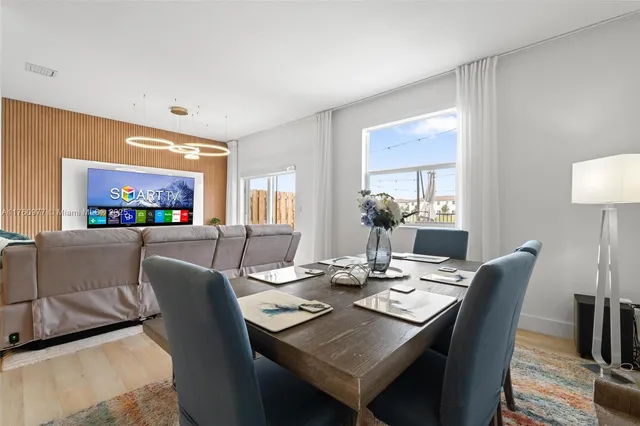 a view of a dining room with furniture window and wooden floor