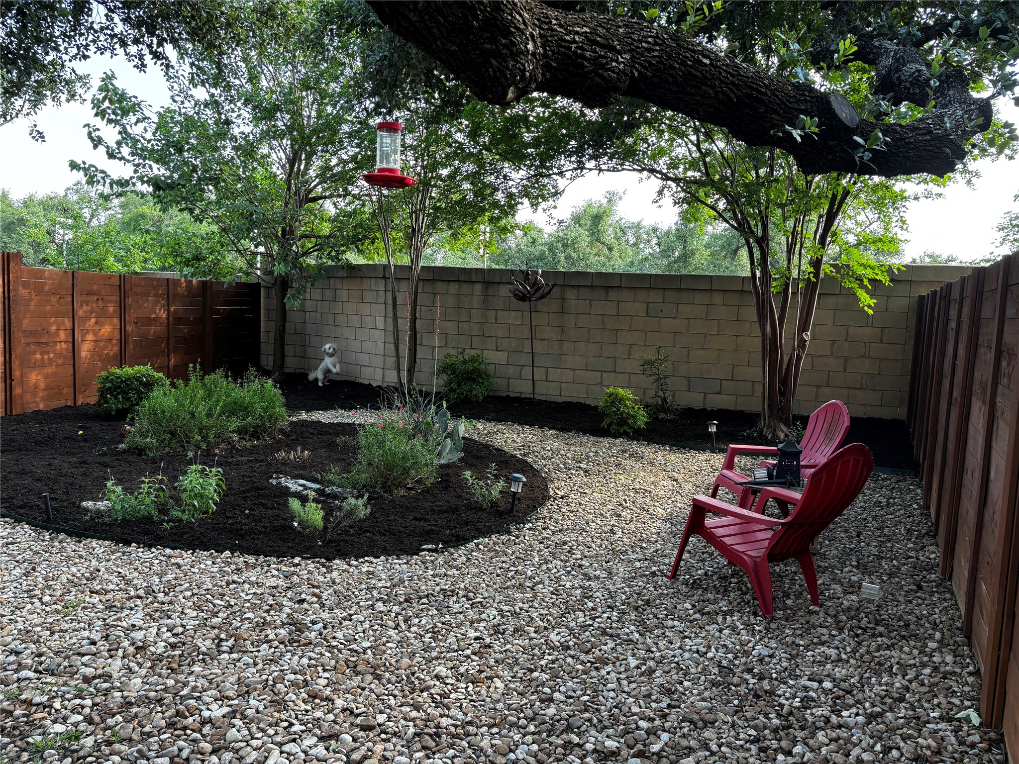 11000 Anderson Mill Road, Unit 93 Austin, TX 78750 - Photo 20 of 27 A tranquil private yard with a gravel pathway and rich garden beds offers serene outdoor living.