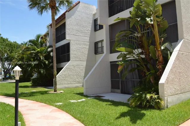a view of a park with palm trees