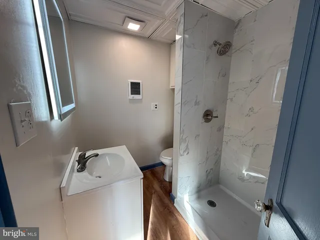 a bathroom with a shower and toilet