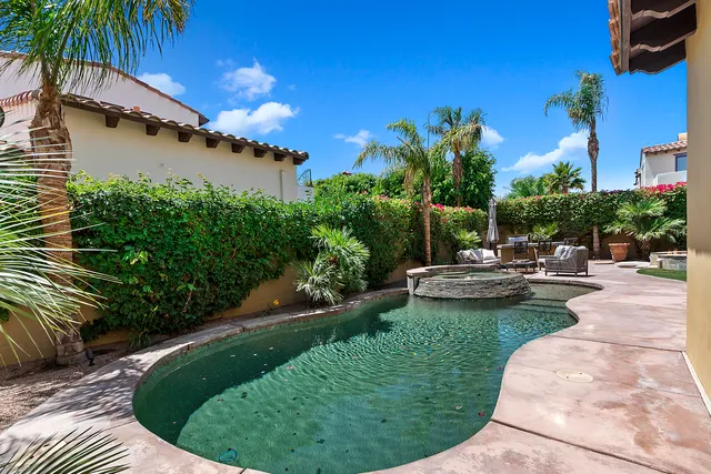 a view of a swimming pool with a patio and a garden