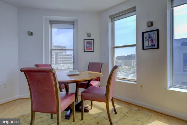 a view of a dining room with furniture