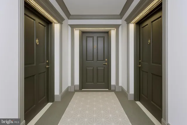 front view of a hallway with wooden floor