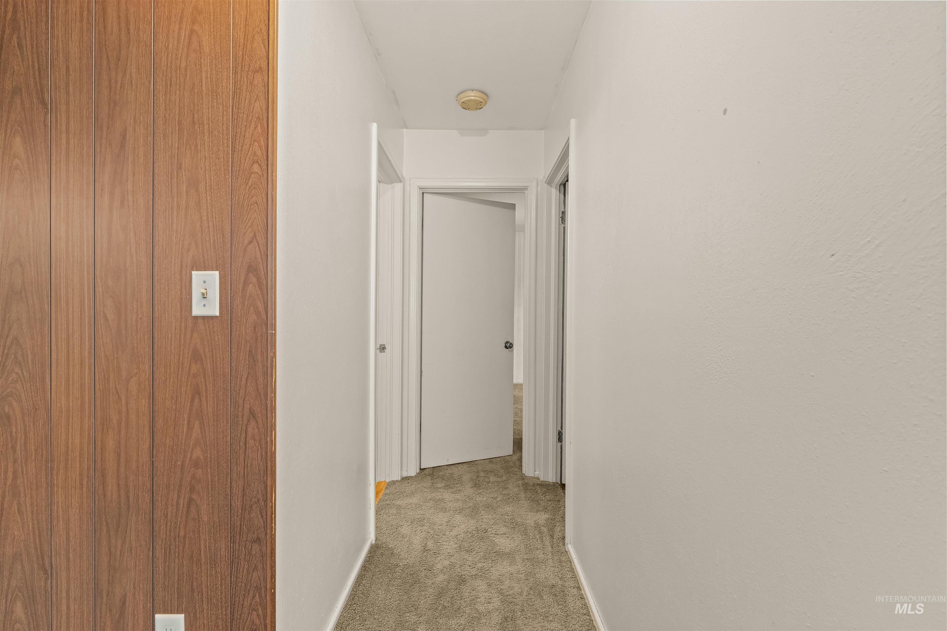 1663 9th Avenue Lewiston, ID 83501 - Photo 30 of 36 Hallway featuring wood-panel accent wall and light gray carpeting