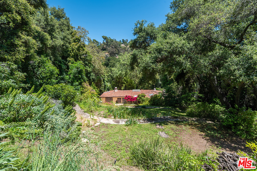 1491 Stone Canyon Road Los Angeles, CA 90077 - Photo 22 of 27 a backyard of a house with a yard and trampoline