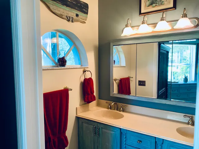 a bathroom with a sink and a mirror