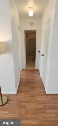 a view of a hallway with wooden floor