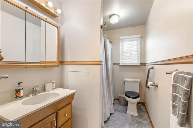 a bathroom with a sink toilet and mirror