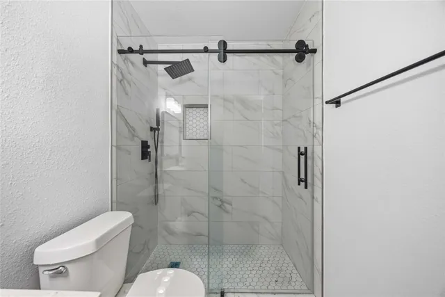 a bathroom with a shower and toilet