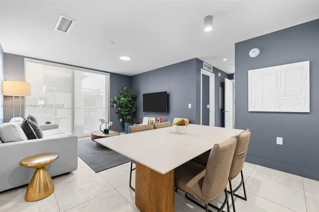 a view of a dining room with furniture window and outside view