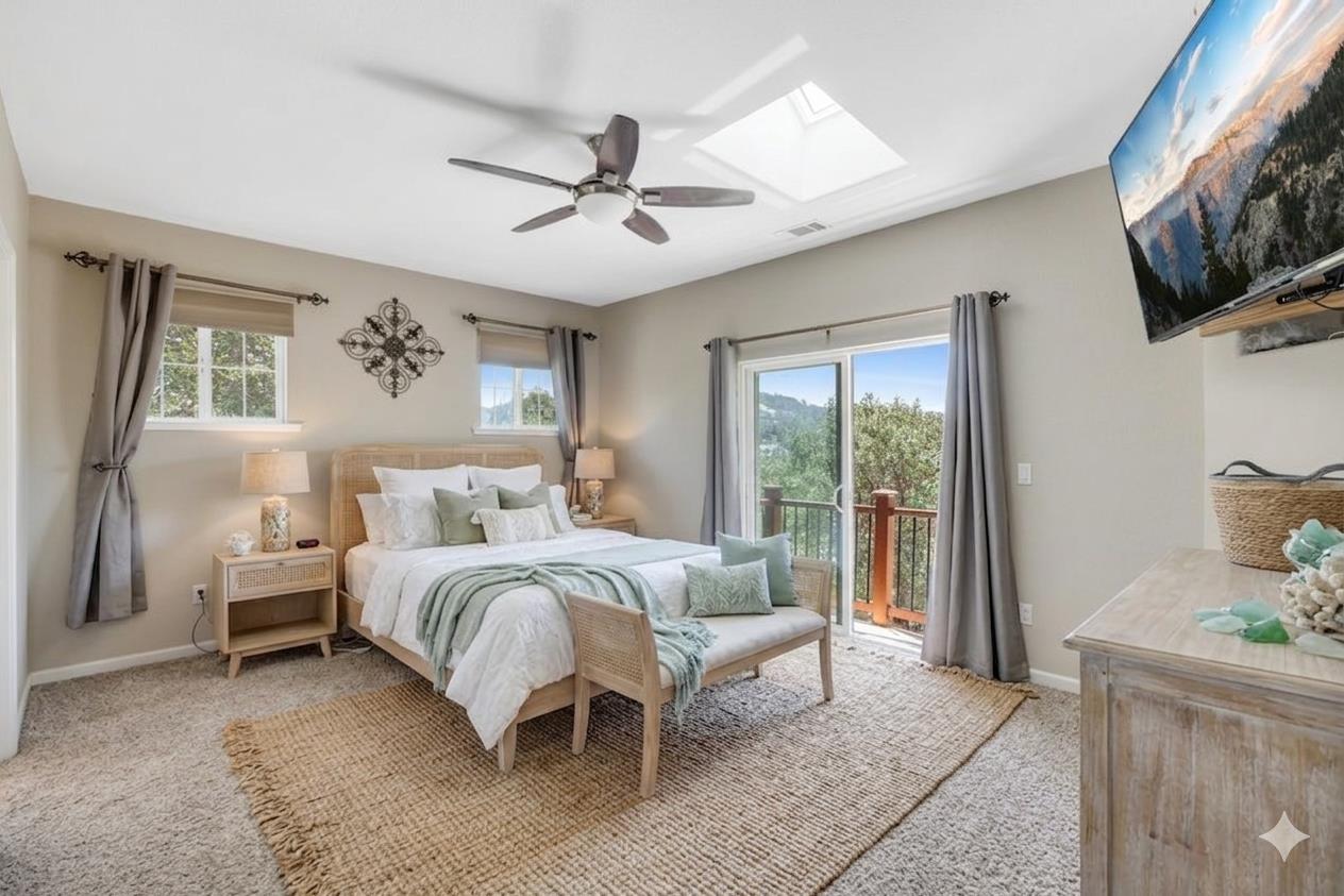 411 Sunrise Road Copperopolis, CA 95228 - Photo 32 of 76 Virtually Staged for lake-house inspo. Enjoy a bright and inviting primary suite with fireplace, slider to private balcony and gorgeous en-suite bath!