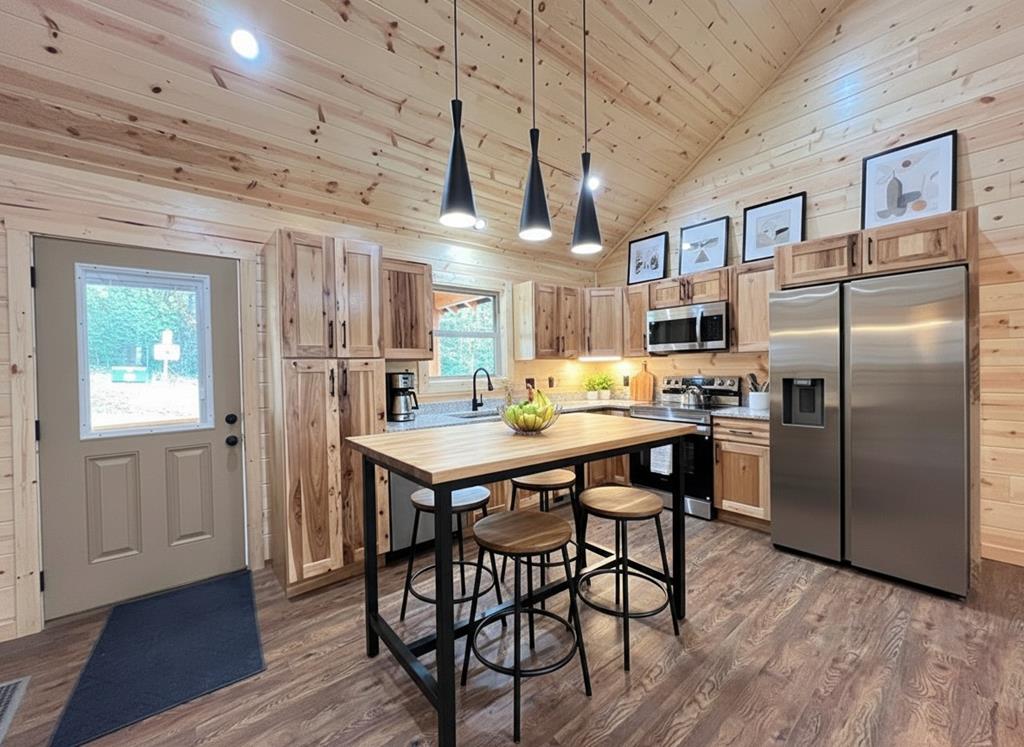94 Ranger Trail Way Murphy, NC 28906 - Photo 25 of 25 a kitchen with stainless steel appliances a dining table chairs refrigerator and sink