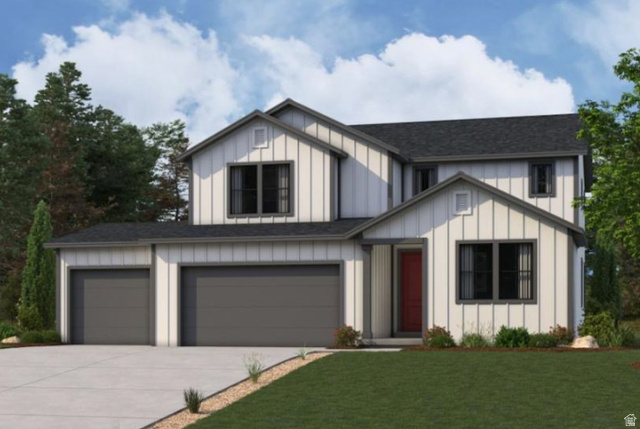 5188 Orange Stone Road, Unit 173 Eagle Mountain, UT 84005 - Photo 1 of 1 Modern farmhouse style home featuring board and batten siding, an attached garage, a front yard, concrete driveway, and roof with shingles