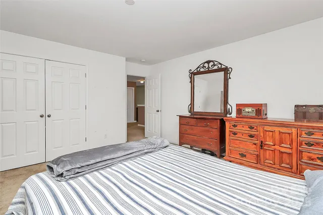 a bedroom with a bed and a closet