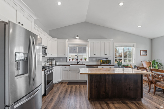 75 North 100th Street West Fillmore, UT 84631 - Photo 3 of 62 Kitchen featuring appliances with stainless steel finishes, white cabinetry, dark wood-style flooring, a center island, and lofted ceiling