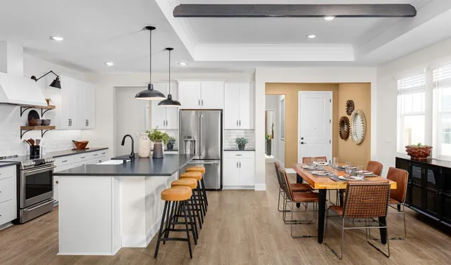 a living room with furniture kitchen view and a potted plant