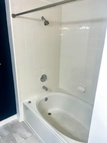 a view of a swimming pool with plants and palm trees