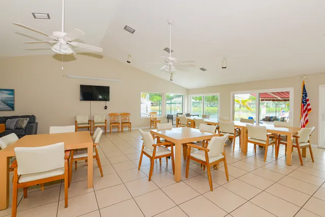 a view of a dining room with furniture