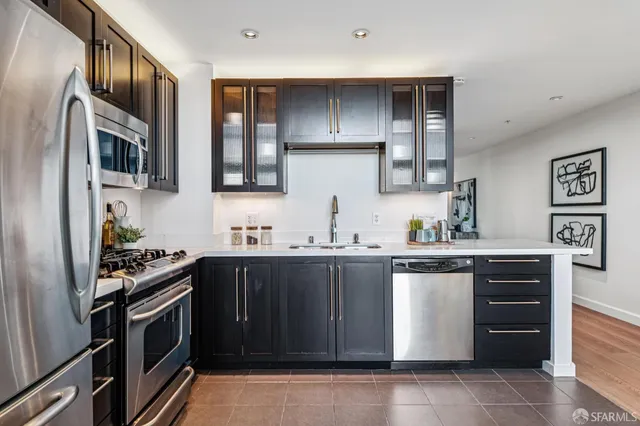 a kitchen with stainless steel appliances a stove and a refrigerator