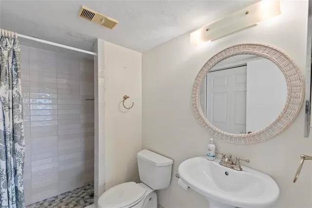 a bathroom with a sink a mirror a toilet and a shower