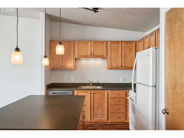 a kitchen with a refrigerator a sink and cabinets