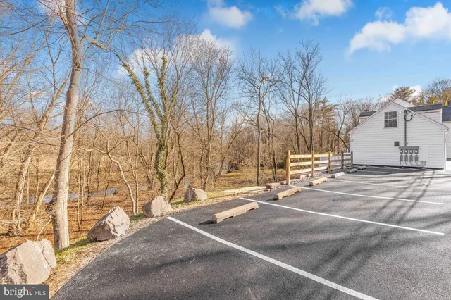 a view of a park with large trees
