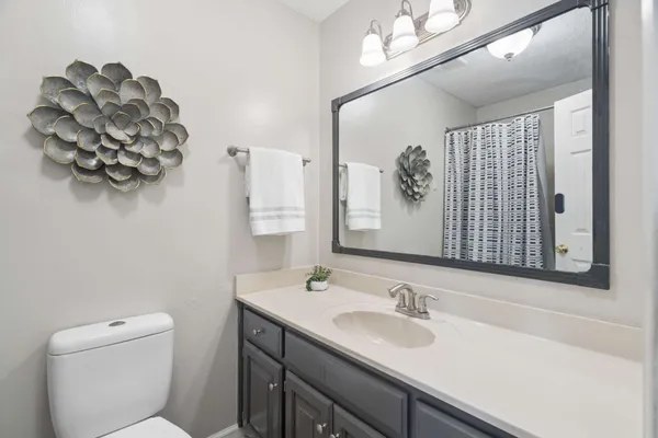 a bathroom with a sink mirror and vanity