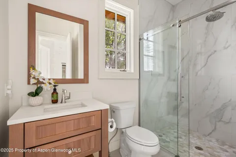 a bathroom with a sink toilet vanity and shower