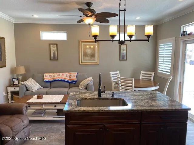 a living room with furniture and a table
