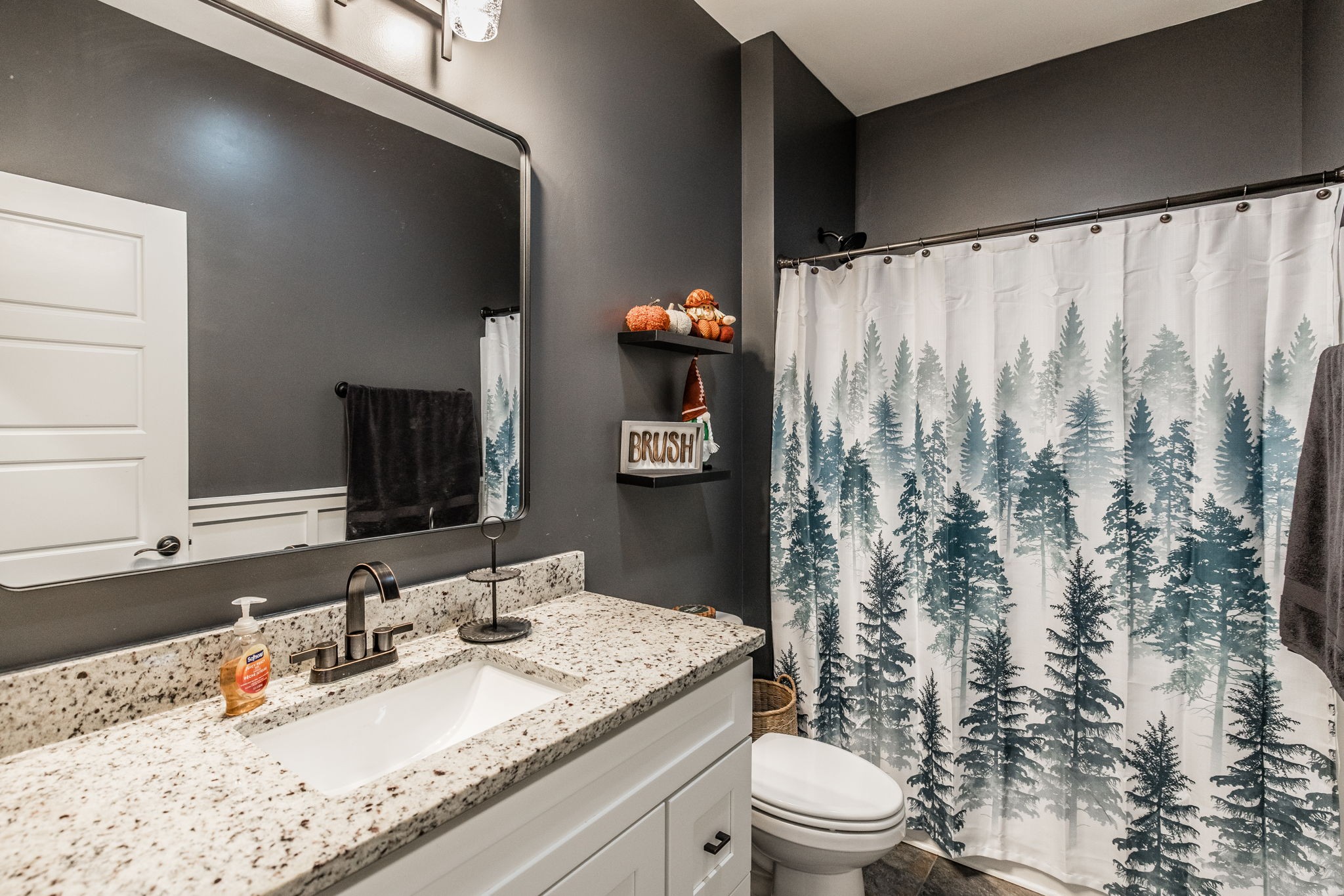 721 New Deal Potts Road Cottontown, TN 37048 - Photo 37 of 73 a bathroom with a granite countertop sink a toilet and a shower curtain