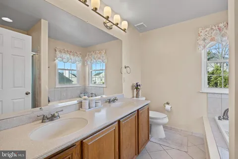 a bathroom with a tub sink and mirror