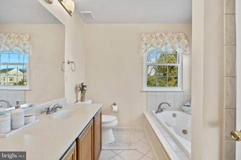 a bathroom with a bathtub sink vanity mirror and toilet