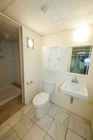 a bathroom with a sink toilet and shower