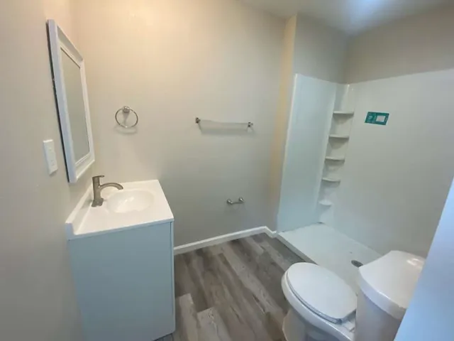 a bathroom with a sink toilet mirror vanity and shower