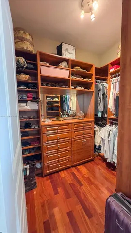 a view of walk in closet with clothes and shoes