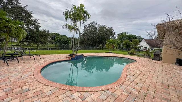 a view of a swimming pool with a yard and potted plants