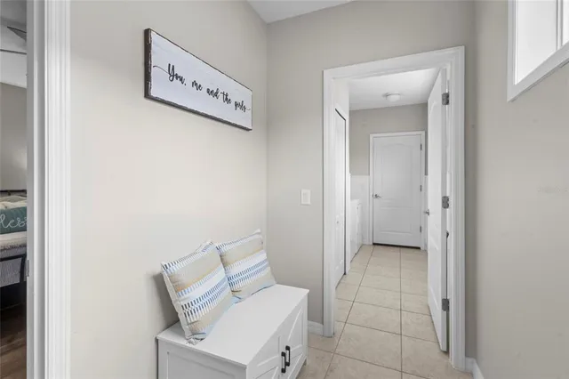 a view of a room with a bench and cabinet