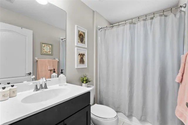 a bathroom with a sink a toilet and shower curtain