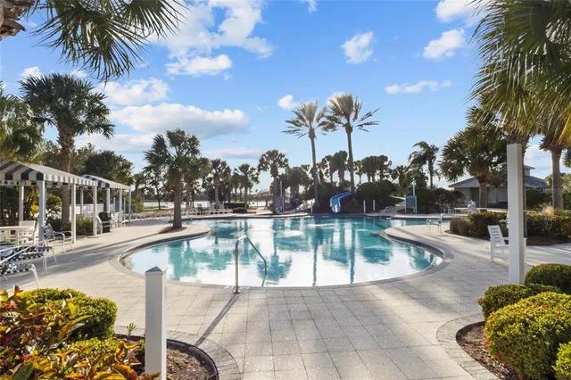 a view of a swimming pool with a patio and palm trees