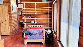 a view of a room with shelves