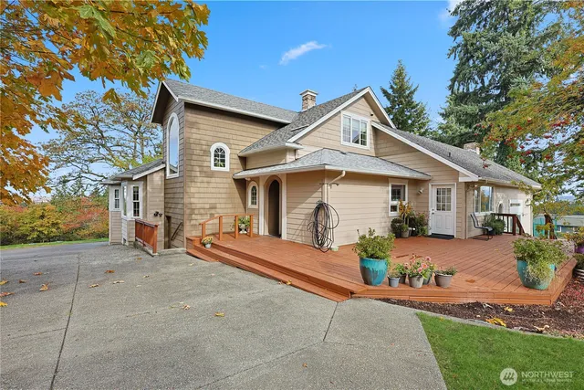 a front view of a house with a patio