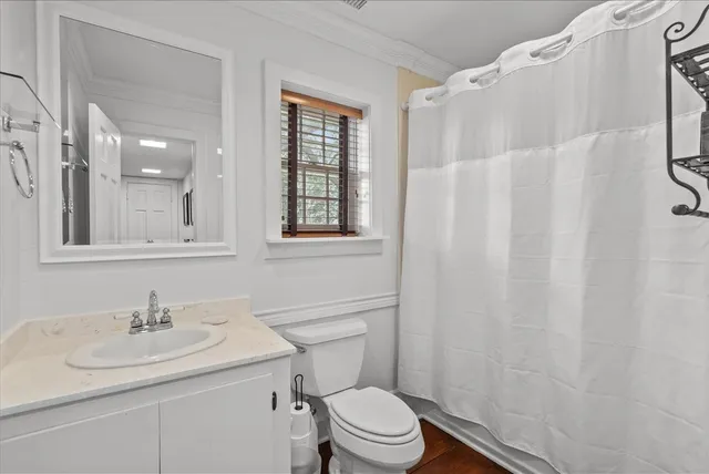 a bathroom with a sink toilet vanity and shower