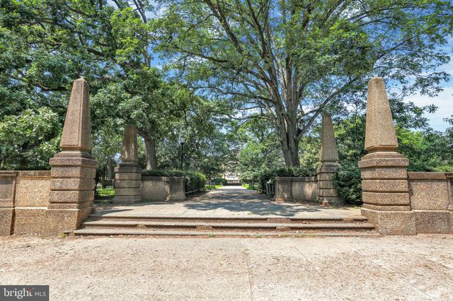 a backyard of a house with large trees and plants