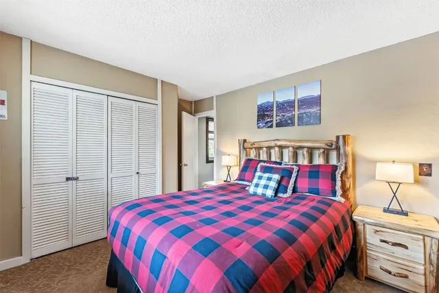 a bedroom with a bed and walk in closet