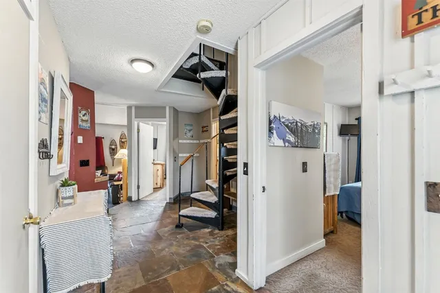 a view of a livingroom with a furniture and closet