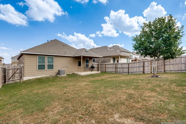 a view of a yard in front of a house with a large tree