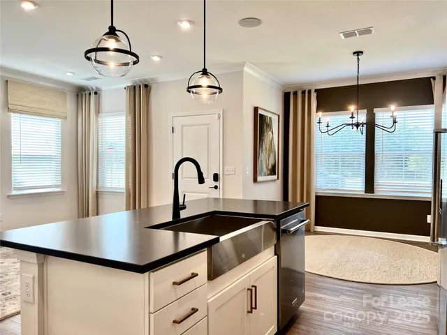 a kitchen with kitchen island a counter and a sink